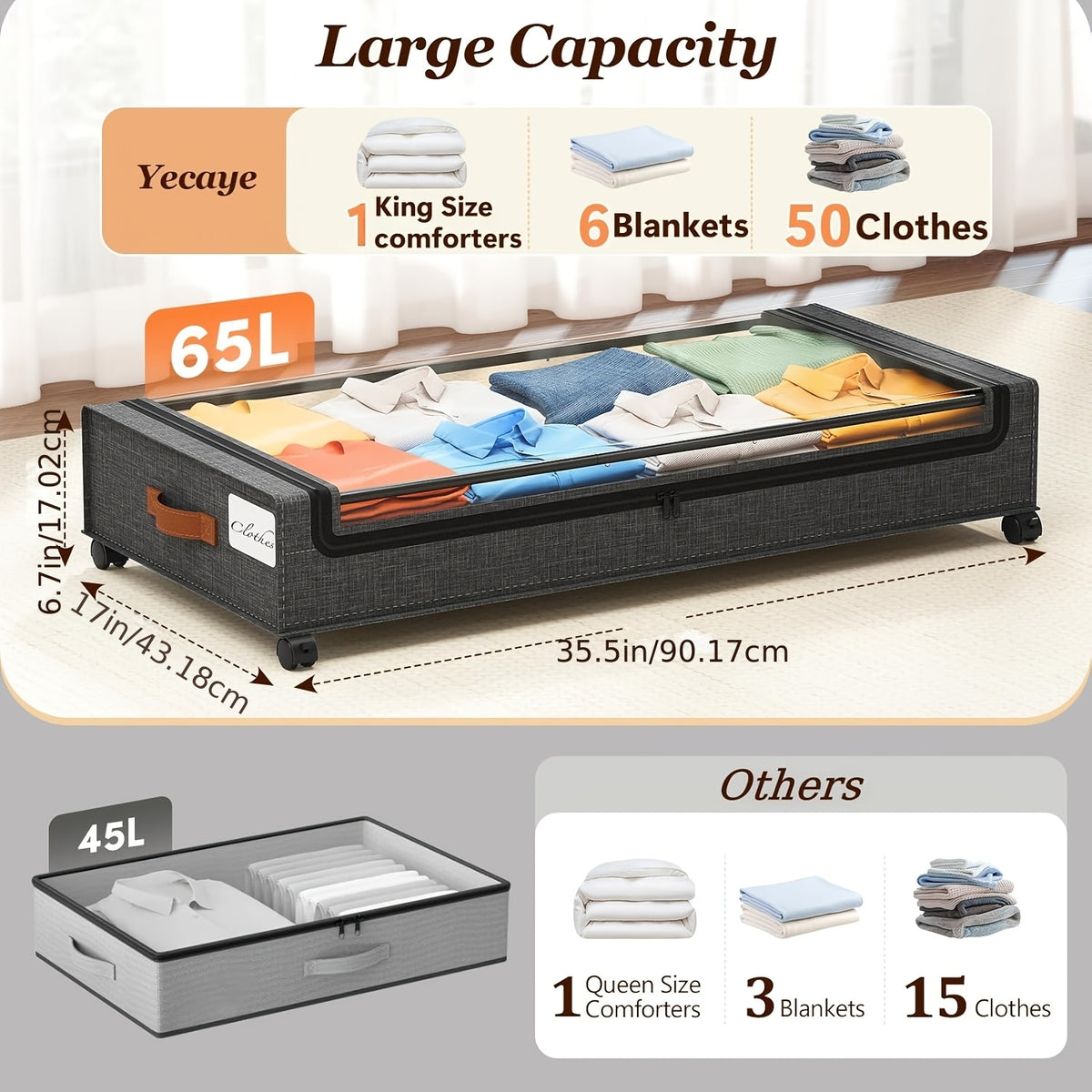 Under Bed Storage Bins with Wheels 2 Pack, Rolling Underbed Storage Box with Metal Drawer, Bed Storage Organizer for Clothes Blankets Shoes Books Bedding, Under Bed Storage Containers with Lid