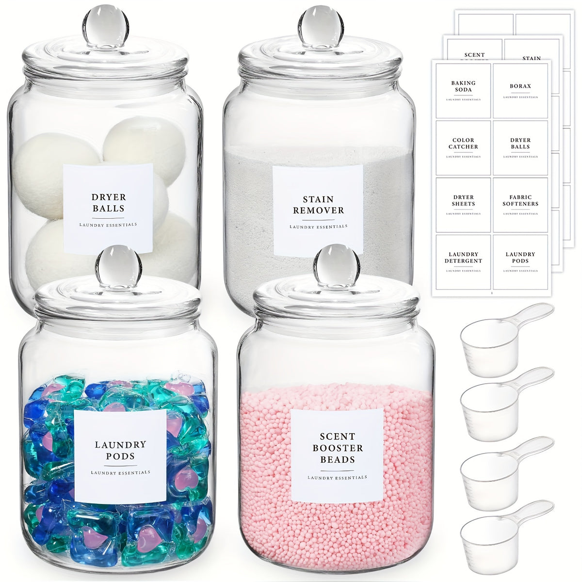 Glass Jars with Airtight Lids Labels and Spoons, Half Gallon Wide Mouth Storage Canisters for Laundry Detergent Pods Scent Booster Beads Sugar Bath Salts, 1 2 3 4 Pack Options