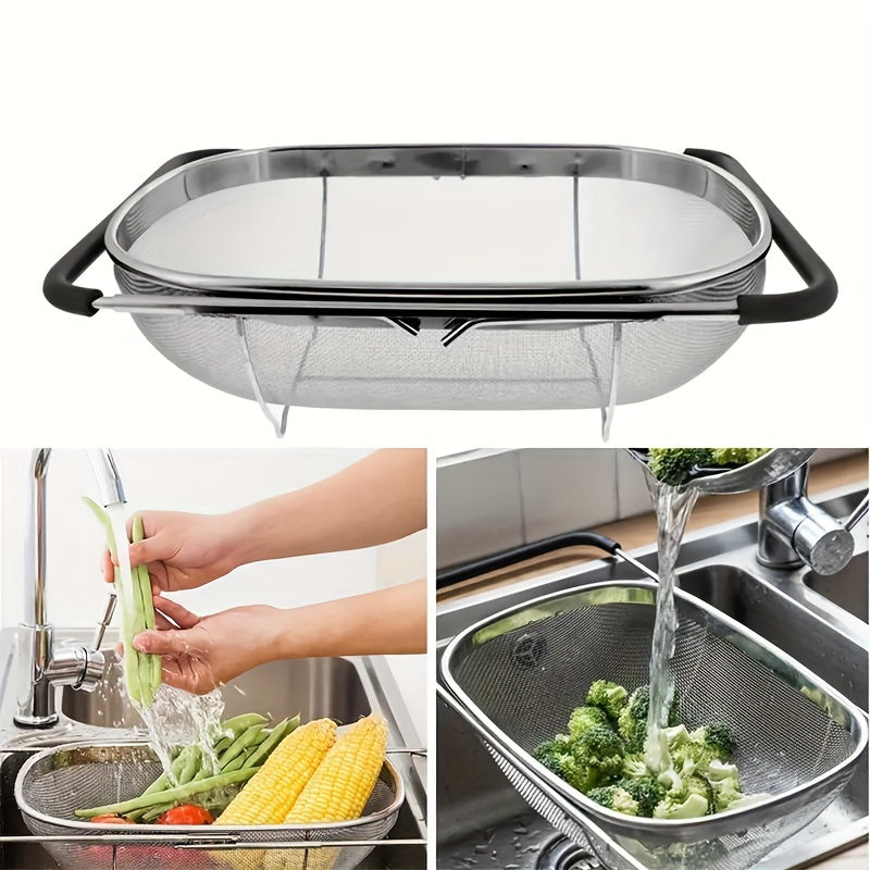Expandable Stainless Steel Colander Basket - Fine Mesh Strainer with Drain Basket for Washing Vegetables Fruits Pasta, Adjustable Kitchen Sink Strainer, Small & Large Available