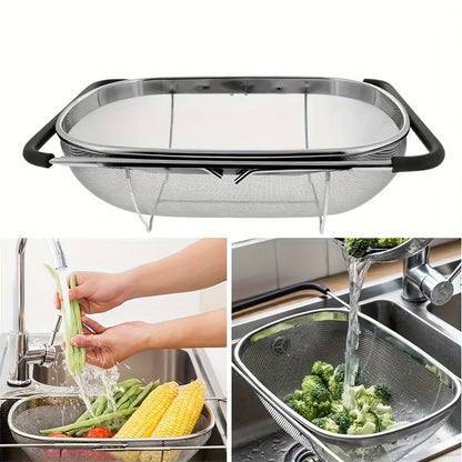 Expandable Stainless Steel Colander Basket - Fine Mesh Strainer with Drain Basket for Washing Vegetables Fruits Pasta, Adjustable Kitchen Sink Strainer, Small & Large Available