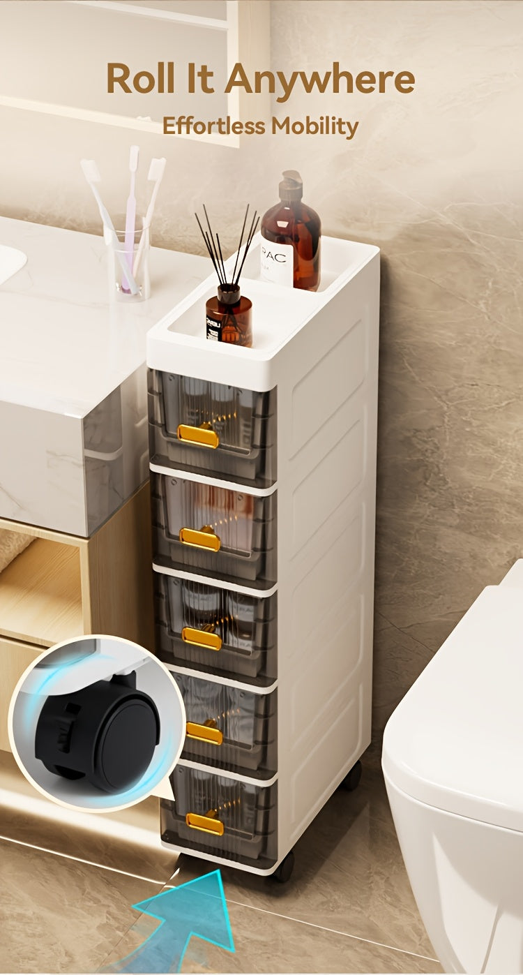 Slim Storage Cabinet with Drawers 3 4 5 6 Tier, Waterproof PP Plastic Drawer Organizer Unit for Bathroom Kitchen Bedroom, Narrow Rolling Storage Cart with Wheels for Small Spaces