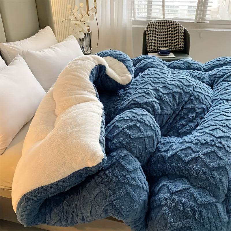 Fleece Blanket Plush Throw for Bed - Premium Thick Warm Winter Blanket, Soft Fluffy Microfiber Velvet Quilt with Vintage Geometric Design for Bedroom, Couch & Hotel, Twin Queen King, Grey Blue Beige