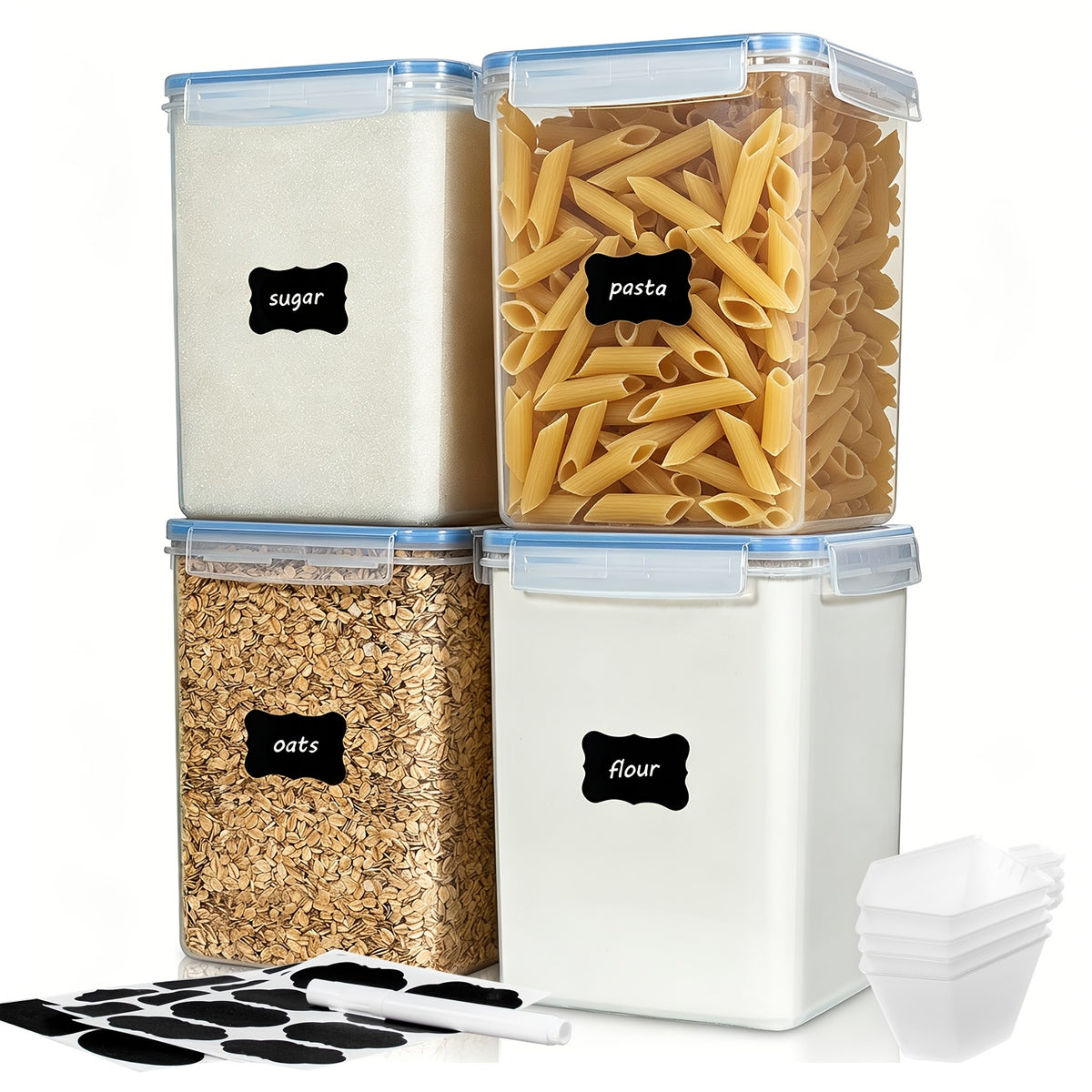 Food Storage Containers Set of 4 - Large 5.2L Airtight BPA-Free Plastic Canisters for Flour Sugar Rice Baking Supplies, Stackable Pantry Organizer with Lids Measuring Cups & Labels