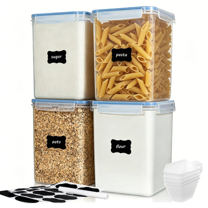Food Storage Containers Set of 4 - Large 5.2L Airtight BPA-Free Plastic Canisters for Flour Sugar Rice Baking Supplies, Stackable Pantry Organizer with Lids Measuring Cups & Labels