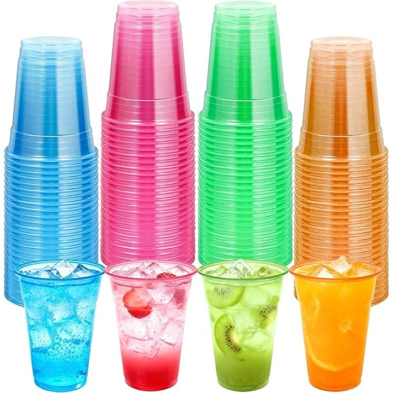 Neon Glow Party Cups 100 Pack Disposable Plastic Cups Glow in the Dark 12oz 16oz for Neon Party Blacklight Halloween Christmas Carnival Rave Birthday