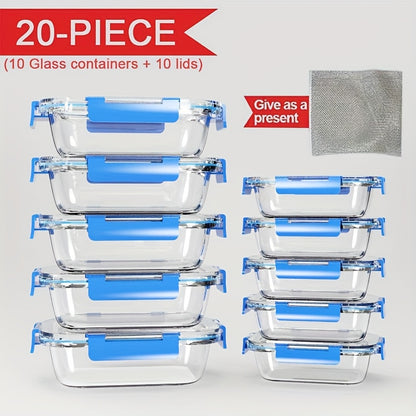 Glass Food Storage Containers 20-Piece Set 10 Containers + 10 Airtight Lids Stackable Meal Prep Containers, Oven Microwave Refrigerator & Dishwasher Safe – Space-Saving Kitchen Organization