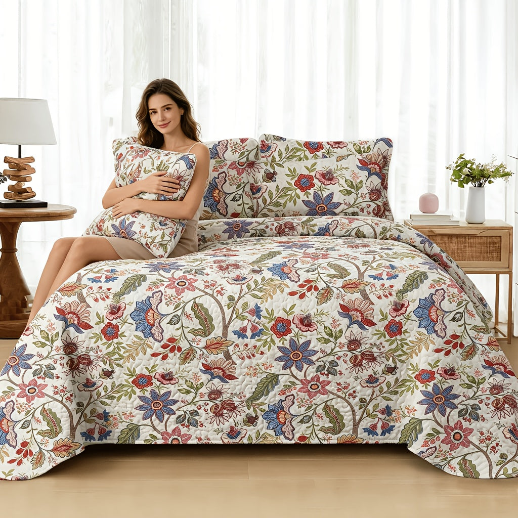 Floral Quilt Set 2 3 Piece Twin Full Queen King Lightweight Patchwork Coverlet Bedding Set Soft Cozy Boho Comforter with Pillow Shams Green Blue Pink Plaid Spring Summer Year Round