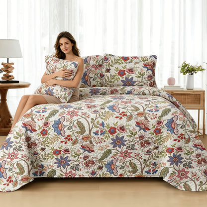 Floral Quilt Set 2 3 Piece Twin Full Queen King Lightweight Patchwork Coverlet Bedding Set Soft Cozy Boho Comforter with Pillow Shams Green Blue Pink Plaid Spring Summer Year Round