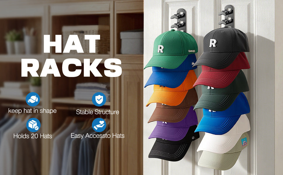 Hat Rack for Baseball Caps Wall Mounted 2 Pack – Multilayer Adhesive or Drill Mount Hat Organizer Holds Up to 20 Hats, Durable Plastic Hat Hooks for Closet Door Bedroom Wall, Black or White Hat Storage
