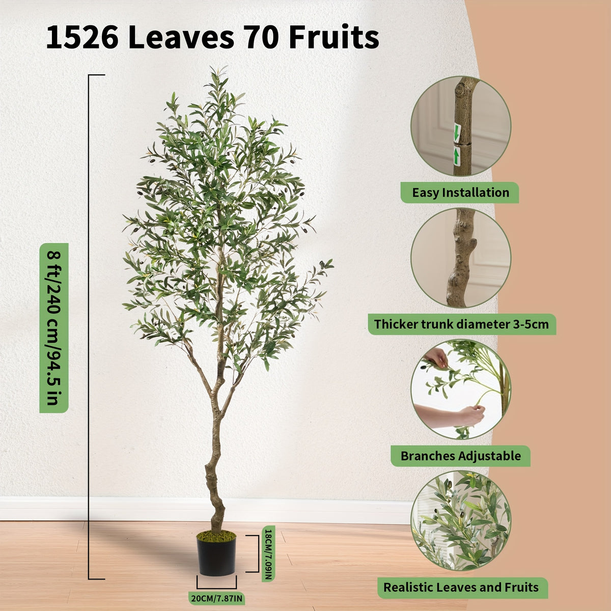 Artificial Olive Tree Indoor 7.2FT 8FT – Potted Tall Faux Olive Tree with Lifelike Trunk, Branches, Fruits & Leaves for Living Room Office Bedroom Decor