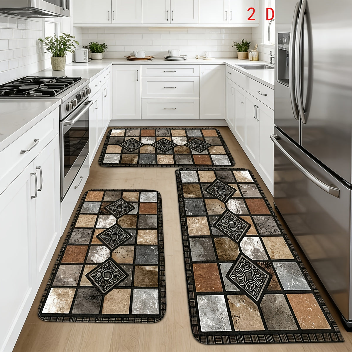 Kitchen Mat Set 3 Piece Farmhouse Geometric Anti-Fatigue Cushioned Rug for Kitchen Floor, Soft Non-Slip Mats for Bedroom, Living Room, Dining Room & Bathroom – Retro Rural Style Home Decor