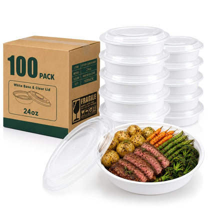 24oz Meal Prep Bowls with Lids Disposable Bento Food Containers – Stackable BPA-Free Microwave Freezer Dishwasher Safe, 50/100/150 Pack Black White