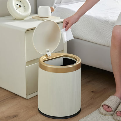 Dual Bucket Trash Can Oval Push Lid 3.17 Gallon – Odor-Sealing Recycling Waste Bin with Golden Accent, Modern Plastic Garbage Can for Kitchen, Bathroom, Bedroom & Living Room