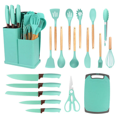 Silicone Cookware Set 19pcs Non-Stick with Bamboo Storage Containers & Knives – Heat-Resistant Pots Pans Utensils, Wooden Handle, Induction & Oven Safe, Kitchen Cooking Gift