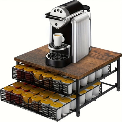K-Cup Storage Drawer Metal Coffee Pod Holder – Sliding Basket Capsule Organizer for Kitchen Counter, Holds 48 Double-Layer Coffee Capsules, Space-Saving Countertop Coffee Station, Brown