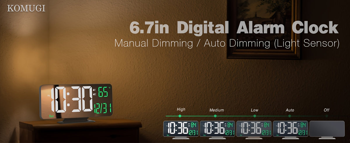 Digital Alarm Clock LED Mirror Display 6.7 Inch – Dual Alarm with Seconds Date Week 12/24H, Dimmable Bedside Desk Clock for Bedroom Living Room Office, Modern White Mirror Design