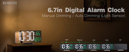 Digital Alarm Clock LED Mirror Display 6.7 Inch – Dual Alarm with Seconds Date Week 12/24H, Dimmable Bedside Desk Clock for Bedroom Living Room Office, Modern White Mirror Design