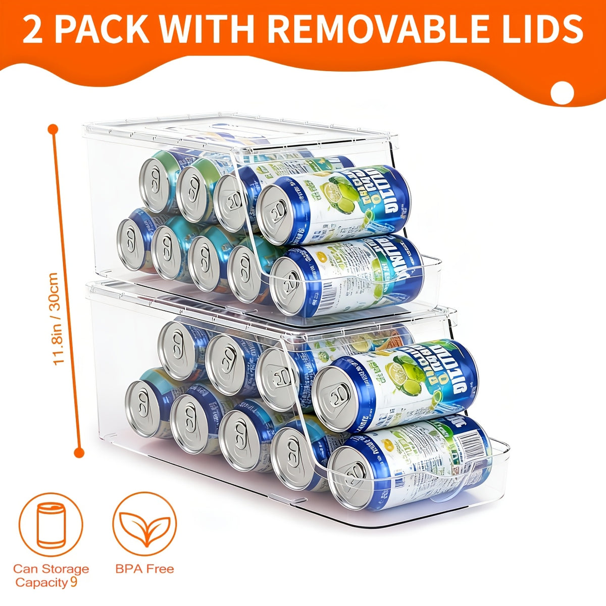 Stackable Soda Can Organizer for Refrigerator – BPA-Free Clear Can Holder Dispenser with Lid for Fridge Pantry Freezer, Holds 9 Cans Each