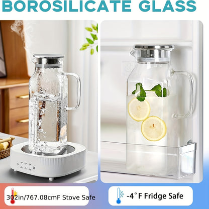 Glass Pitcher with Lid 68oz 2L Square Borosilicate Water Jug for Fridge Iced Tea Coffee Lemonade – Heat Resistant Carafe for Hot Cold Drinks, 1 or 2 Pack Bundle