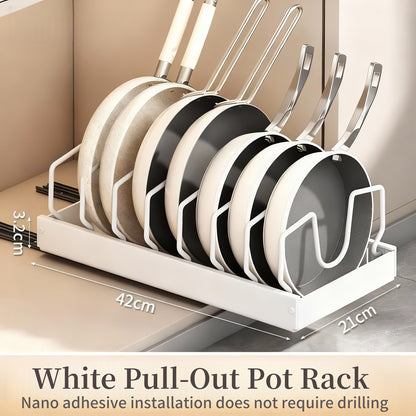 Sliding Pot and Pan Organizer Rack with Pull-Out Drawer – Under Cabinet Kitchen Storage for Pot Lids, Baking Trays & Utensils, 8 Adjustable Dividers, Black White Gray