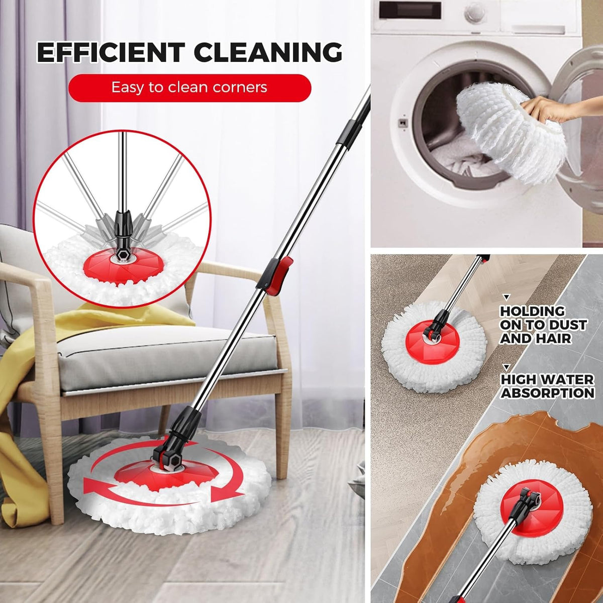 360° Spin Mop and Bucket Set – Wet & Dust Floor Mop for Home with 2 Mop Heads Included Self-Wringing Spinning Mop for Hardwood Tile Laminate & Vinyl Floor Cleaning in Blue or Red