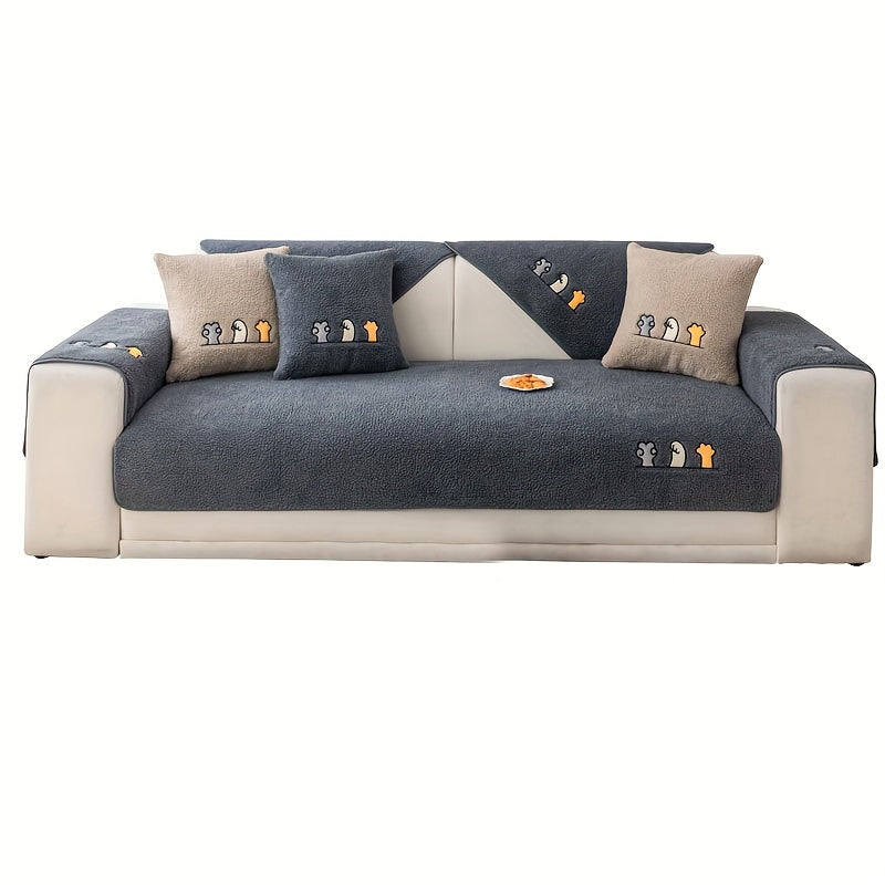Sofa Cover Plush Shearling Non-Slip Pet-Friendly – Thick Couch Protector with Animal Bone Embroidery for 2 3 4 Seater, Soft Warm Slipcover for Living Room Bedroom Office in Dark Gray Off White Coffee Black