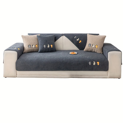 Sofa Cover Plush Shearling Non-Slip Pet-Friendly – Thick Couch Protector with Animal Bone Embroidery for 2 3 4 Seater, Soft Warm Slipcover for Living Room Bedroom Office in Dark Gray Off White Coffee Black