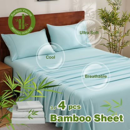 Bamboo Bed Sheet Set 4 Piece - 2000TC Cooling Sheets Deep Pocket 16 Inch, Luxury Soft Hotel Quality Fitted Sheet Flat Sheet Pillowcases, Wrinkle Shrink Resistant, Twin Full Queen King