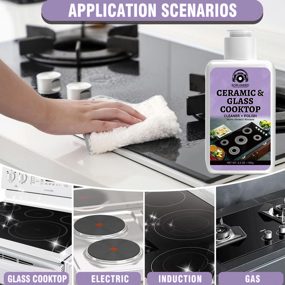 Ceramic Stove Cleaning Kit Fast-Acting Stovetop Cleaner Removes Burnt-On Grease & Stains Without Scratching – Non-Toxic Citric Acid Cream Cleaner for Glass Ceramic Cooktop, Safe & Unscented