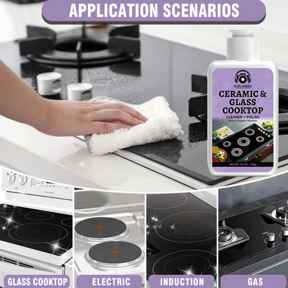 Ceramic Stove Cleaning Kit Fast-Acting Stovetop Cleaner Removes Burnt-On Grease & Stains Without Scratching – Non-Toxic Citric Acid Cream Cleaner for Glass Ceramic Cooktop, Safe & Unscented