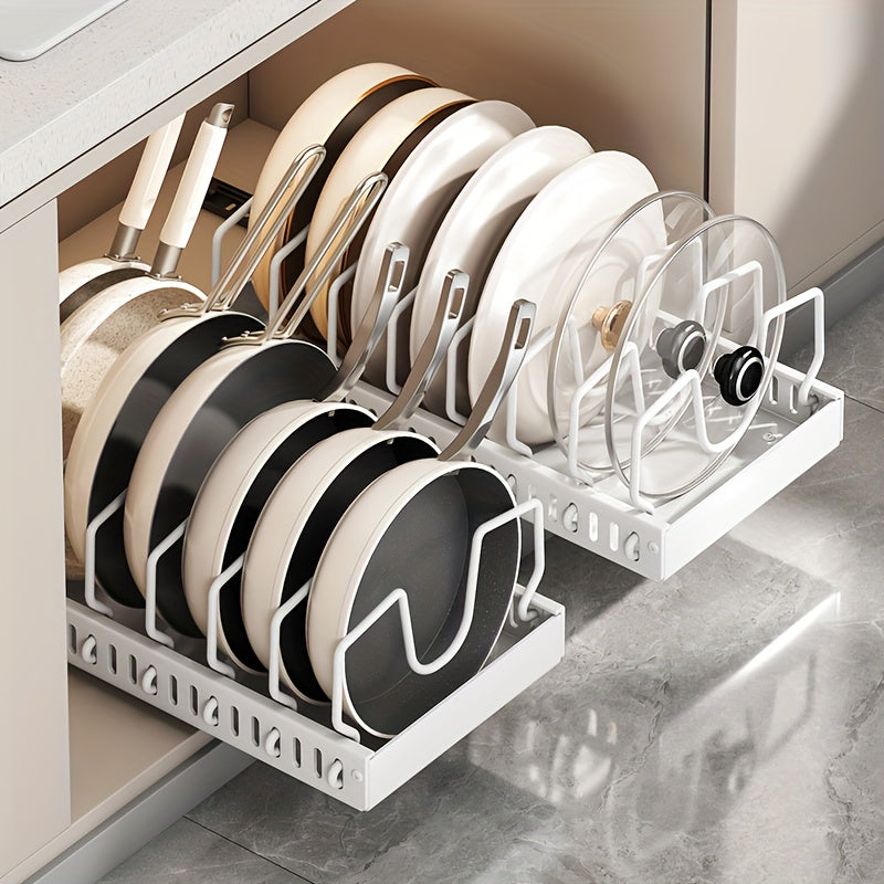 Sliding Pot and Pan Organizer Rack with Pull-Out Drawer – Under Cabinet Kitchen Storage for Pot Lids, Baking Trays & Utensils, 8 Adjustable Dividers, Black White Gray