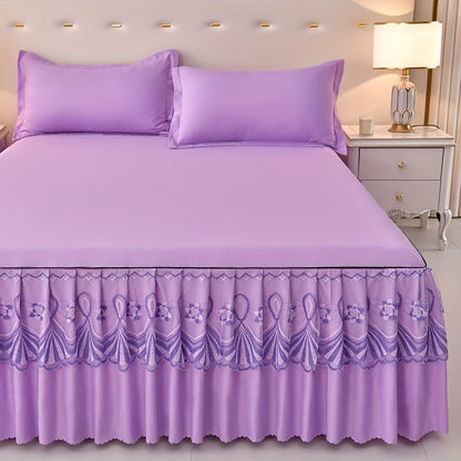 Macrame Bed Skirt Set 3 Piece with Pillowcases – Double Layer Lace Non-Slip Bedding for Twin Full Queen King, All Seasons, Red Grey Navy Purple