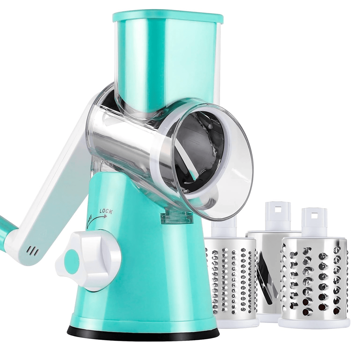 Suction Base Rotary Cheese Grater Hand Crank 3 Stainless Steel Blades BPA Free Touch-Free Shredder for Cheese Vegetables Nuts with Cleaning Brush Multi Color