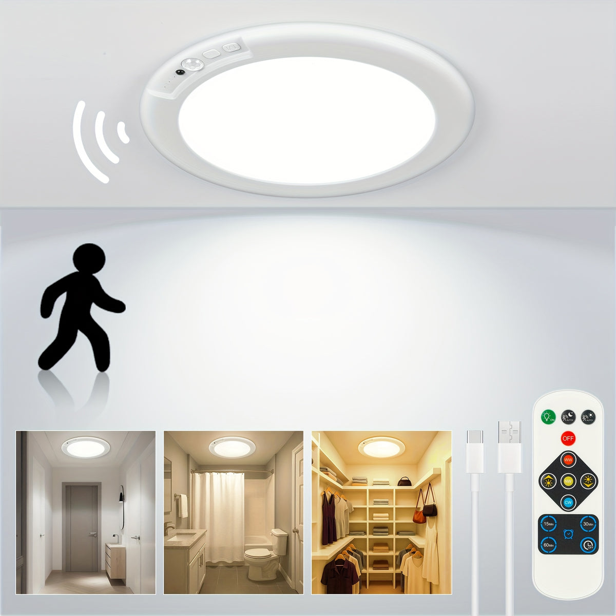 Rechargeable LED Ceiling Light with Motion Sensor & Remote Control – Battery Operated, 3 Color Temps (3000K/4500K/6500K), 10 Brightness Levels, Dimmable Closet Light for Bathroom, Hallway, Pantry & Porch – White, Black & Gold