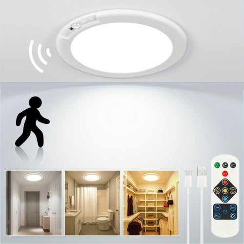 Rechargeable LED Ceiling Light with Motion Sensor & Remote Control – Battery Operated, 3 Color Temps (3000K/4500K/6500K), 10 Brightness Levels, Dimmable Closet Light for Bathroom, Hallway, Pantry & Porch – White, Black & Gold