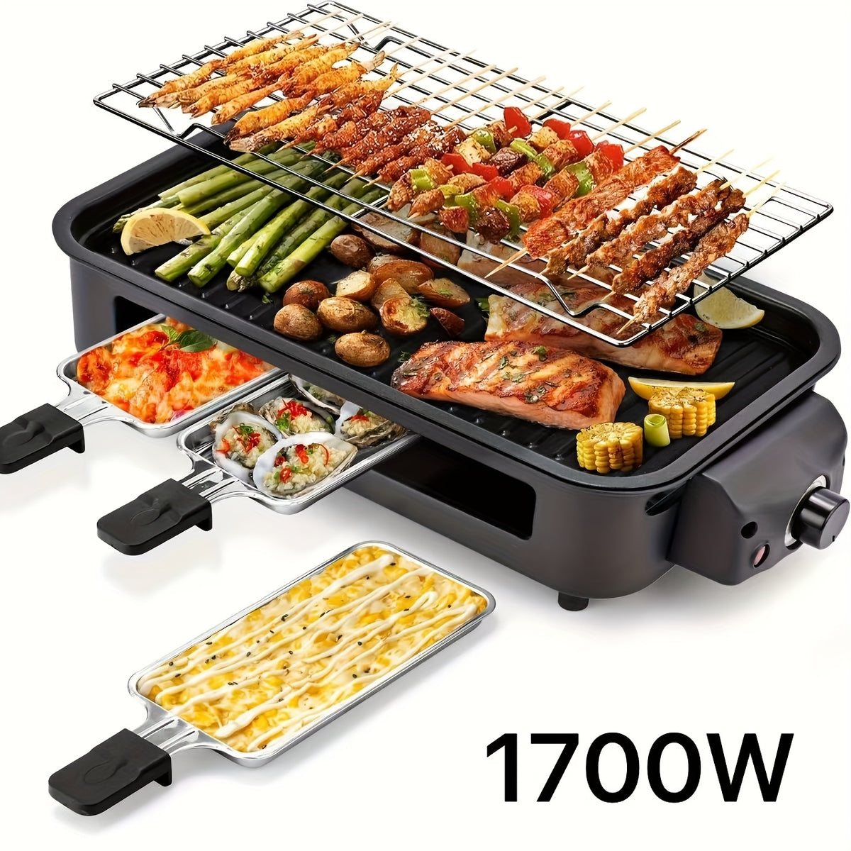 Raclette Grill Set Indoor Electric 1700W Smokeless BBQ with 3 Mini Cheese Pans – Non-Stick Removable Plate 16x9" Dishwasher Safe Stainless Steel Tabletop Grill for Couples Family Party – Black Green Beige Red