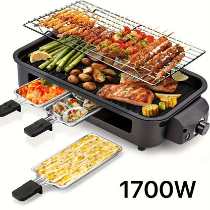 Raclette Grill Set Indoor Electric 1700W Smokeless BBQ with 3 Mini Cheese Pans – Non-Stick Removable Plate 16x9" Dishwasher Safe Stainless Steel Tabletop Grill for Couples Family Party – Black Green Beige Red