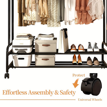 Heavy-Duty Metal Clothing Rack with Double Rods & Wheels – Freestanding Garment Rack with Shelves & Hooks for Bedroom Closet, Golden