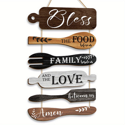 Farmhouse Kitchen Wall Decor Wood Sign Set – Bless The Food Before Us Rustic Dining Room Hanging Wall Art Rope Plaque, 6 Pieces Wood Board