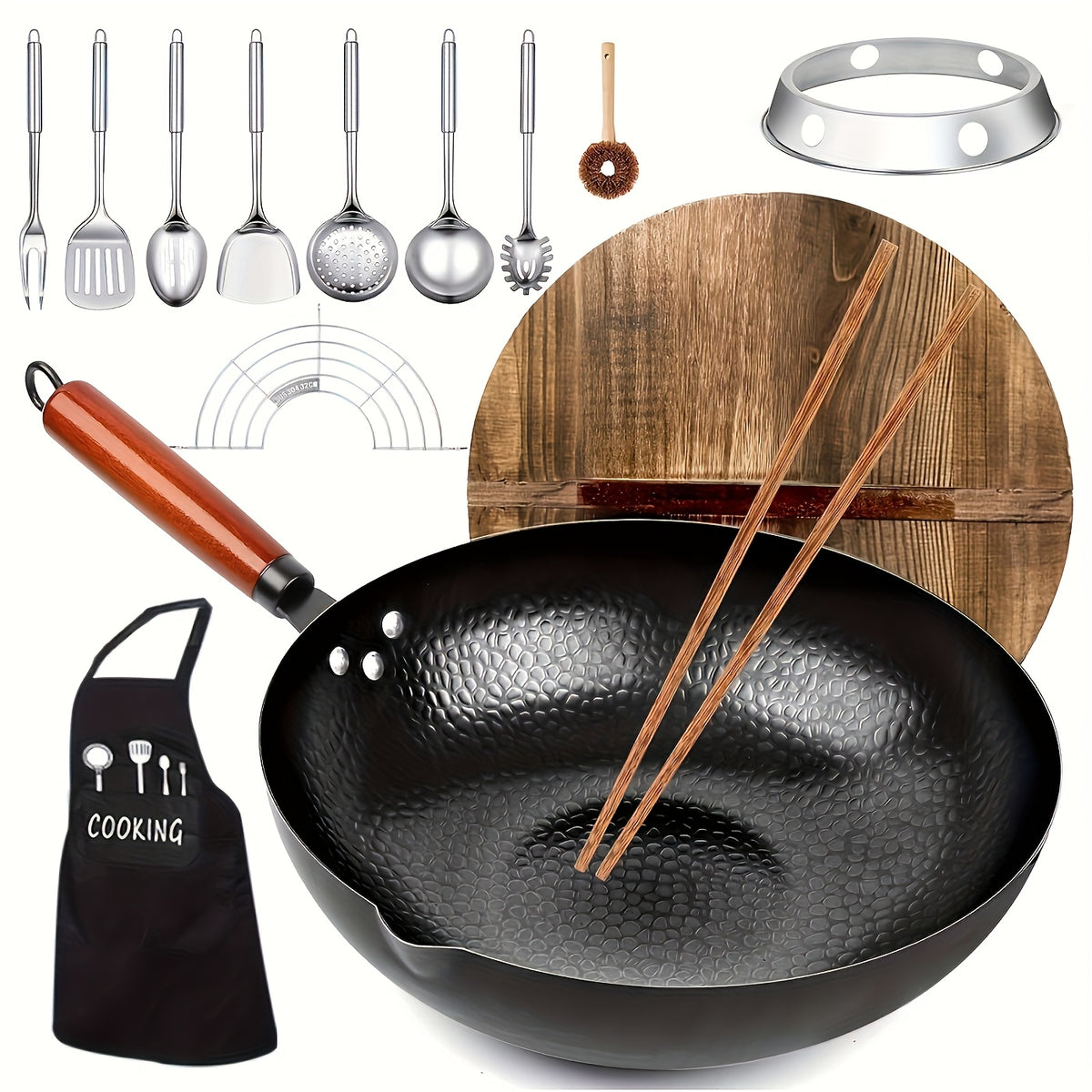Cast Iron Wok Set 12.6 Inch Nonstick 13-Piece with Lid Spatula & Accessories – All Stove Compatible Gas Electric Induction, Natural Non-Stick No Chemical Coating, Stir Fry Pan for Family Cooking & Camping