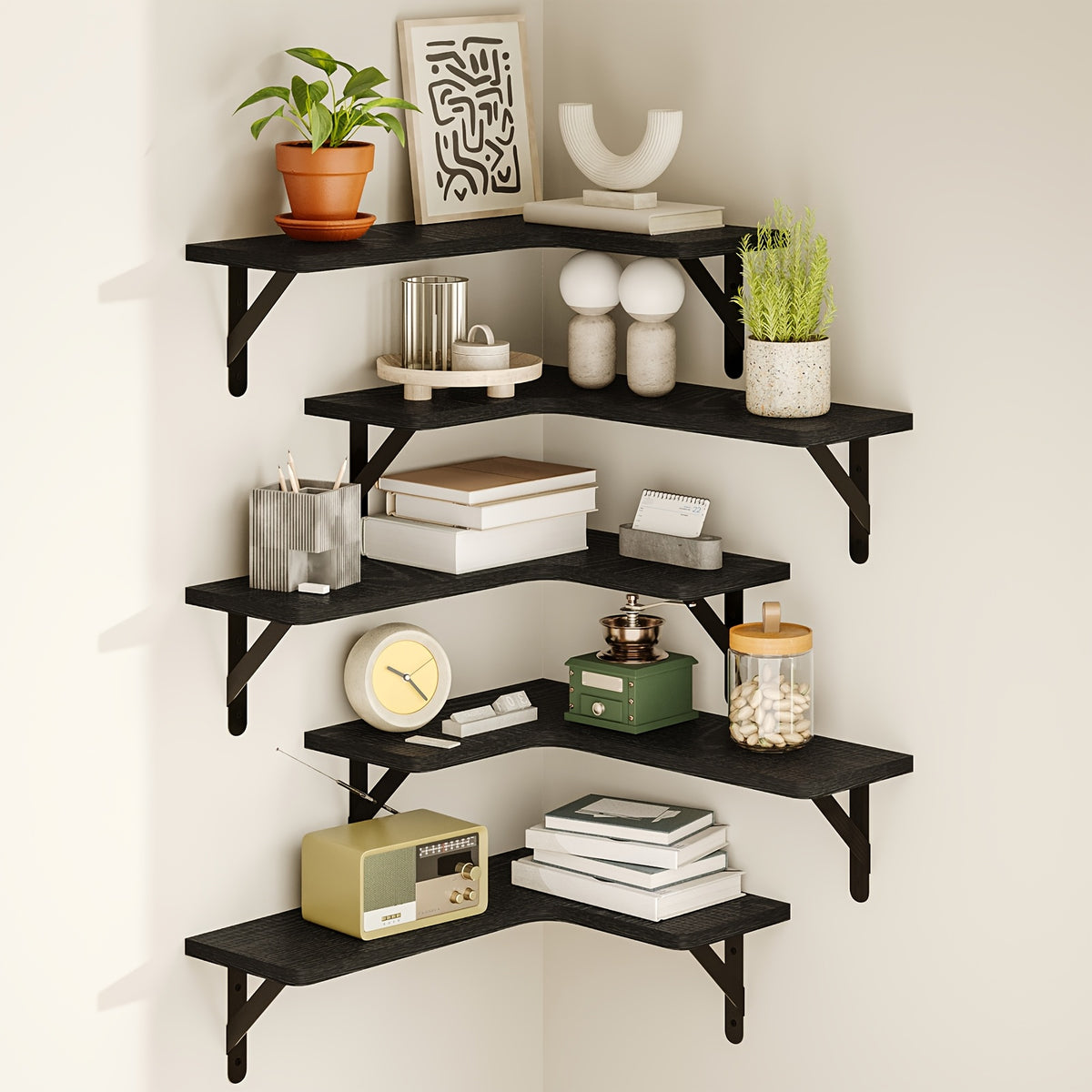Corner Floating Shelves Rustic Wood 5 or 6 Piece Wall Mounted Heavy Duty Space Saving Storage Shelf for Bathroom Kitchen Bedroom Living Room, Easy Install 8 Colors