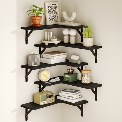 Corner Floating Shelves Rustic Wood 5 or 6 Piece Wall Mounted Heavy Duty Space Saving Storage Shelf for Bathroom Kitchen Bedroom Living Room, Easy Install 8 Colors