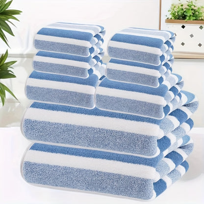 Bath Towel Set 8 Piece - Super Absorbent Soft Two-Color Striped Bathroom Towels, 2 Bath Towels 2 Face Towels 4 Hand Towels, No Hair Loss, Grey Red Blue Green