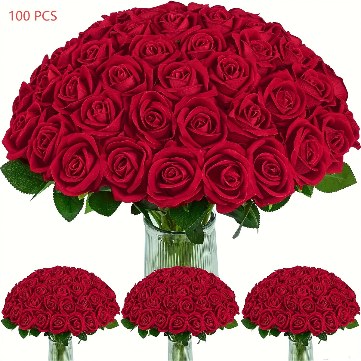 Artificial Roses Bulk with Long Stems Real Touch Velvet Fake Rose Flowers for Wedding Centerpieces, Bridal Bouquet, Valentine's Day, Mother's Day & Home Decor – 50 or 100 Pcs (Red, White, Pink, Black, Blue)