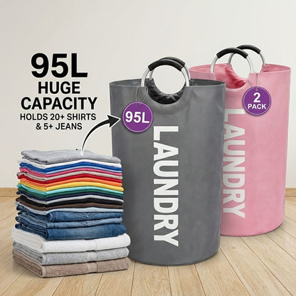 Extra Large Foldable Laundry Basket Set 95L/25 Gal – 2-Pack Thickened Waterproof Oxford Cloth Tall Storage Baskets for Bedroom, Bathroom, Dorm & Closet Organization, Multiple Colors