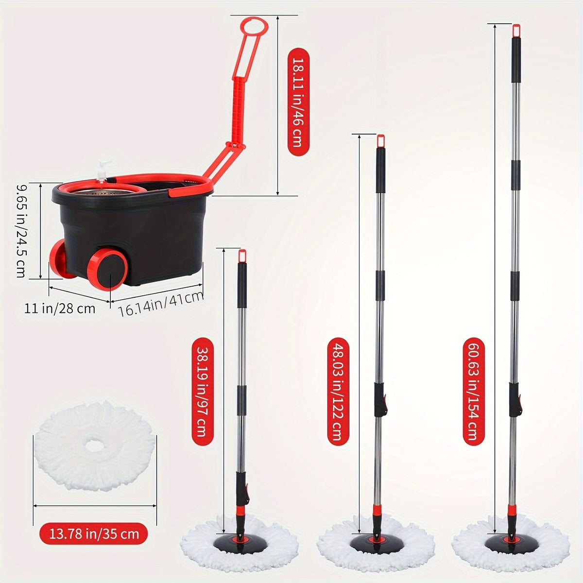 Spin Mop and Bucket Set with Wringer – 360° Spin Mop System, 3 Microfiber Replacement Heads & 61" Adjustable Handle for Floor Cleaning, Home & Holiday Cleaning