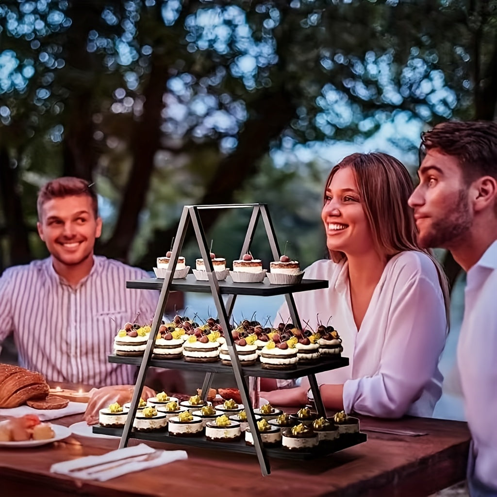 3-Tier Wooden Cupcake Display Stand | Dessert Tower for Parties, Weddings & Events | Holds 50 Cupcakes, Vintage Style Cake Stand, Black, White & Brown