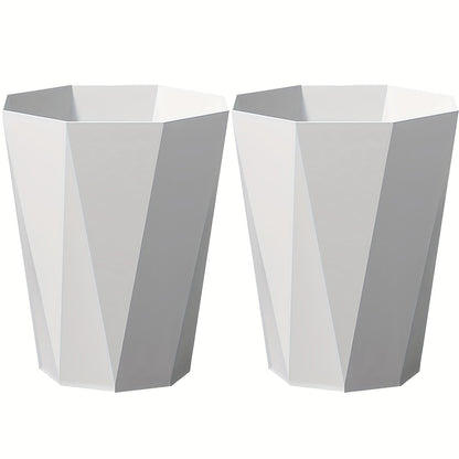 Nordic Octagonal Trash Bins Set of 2 - Geometric Plastic Small Wastebasket for Home Office, Bathroom, Kitchen & Bedroom, Modern Open-Top Waste Bin with Brushed Finish