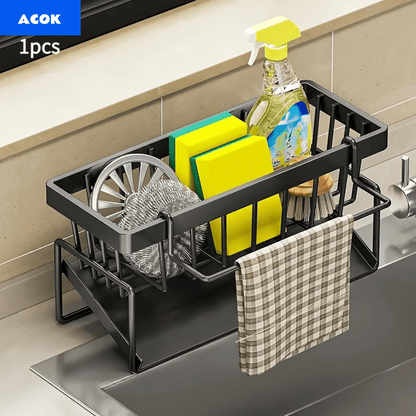 Sink Sponge Holder Kitchen Sink Organizer with Self-Draining Tray – Countertop Storage Rack for Dish Brush, Soap Dispenser & Sponge – Black Kitchen Sink Caddy for Home Organization