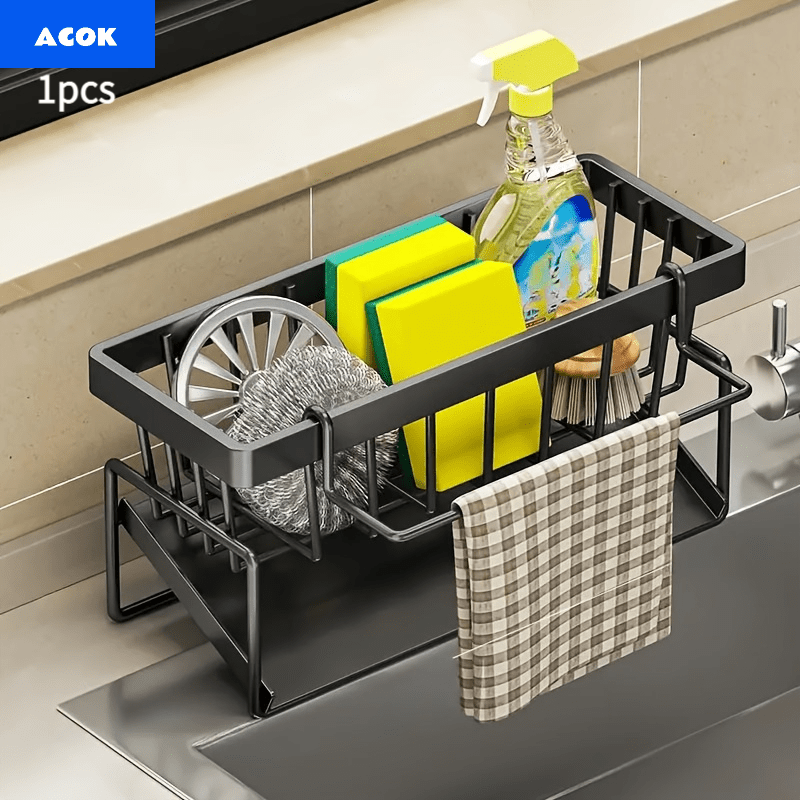 Sink Sponge Holder Kitchen Sink Organizer with Self-Draining Tray – Countertop Storage Rack for Dish Brush, Soap Dispenser & Sponge – Black Kitchen Sink Caddy for Home Organization